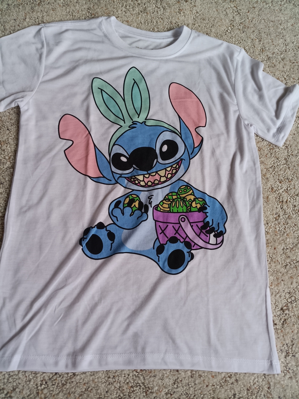 Disney White Tee with Blue Stitch Easter Bunny Graphic
